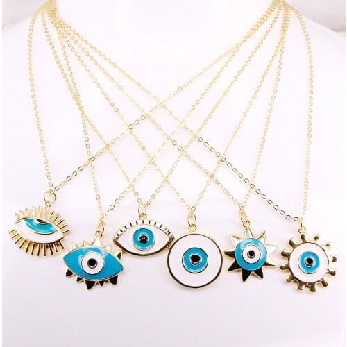 12PCS, Hamsa Star Heart Round Blue white red enamel Eyes charm pendant With gold color link Chain Necklace