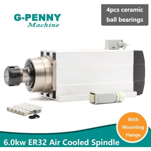6.0KW Air Cooled Spindle ER32 300Hz 220v / 380v with Mounting Flange 4pcs Ceramic Ball Bearings 0.01mm Accuracy