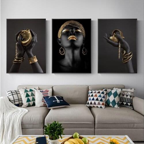 Black and Gold Hand African Contemplator Woman Oil Painting on Canvas Posters and Prints Wall Art Picture for Living Room