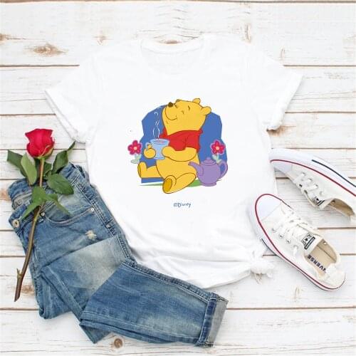 Winnie The Pooh Summer White T Shirts Short Sleeve Graphic Tees Girl Lady Harajuku T-shirts Femme Clothes Streetwear