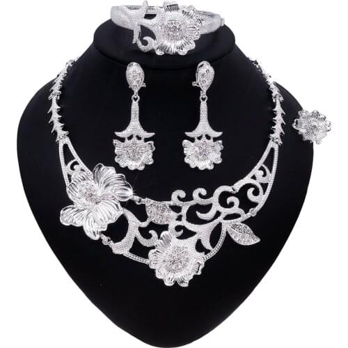Yulaili Wedding Crystal Neckalce Earrings Bracelet Ring Flower Shape Jewelry Sets For Women Dubai Bridal Jewelery Set 4PCS