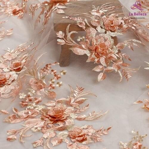 La Belleza new design lace ,Orange 3D flowers lace fabric,rose pink 3D flowers lace fabric evening dress lace fabric 1 yard