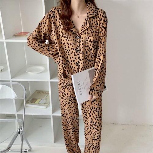 Spring Leopard Sexy Home Suit Women Pajamas Set Cotton Long Sleeve House High Quality Sleepwear 2 Piece Pajamas Woman Pijama Set