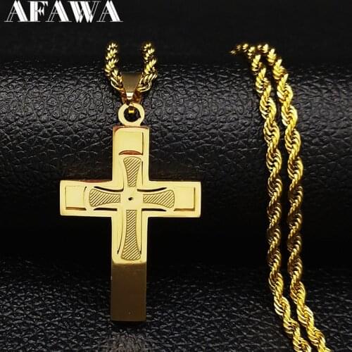 Fashion Big Long Stainless Steel Necklace for Men Gold Color Cross Jesus Chain Necklace Jewerly kolye erkek N1172S02