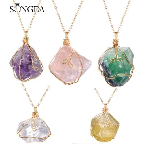 Fashion Irregular Natural Stone Necklace Purple Crystal Pink Rose Quartz Crystal Pendant Clavicle Necklace Unisex Jewelry Gifts