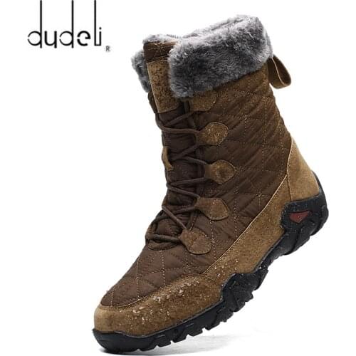 Men Winter Warm Fur Plush Suede Leather & Waterproof Fabric Ankle Snow Boots Male High Top Anti Slip Rubber Work Safety Shoes