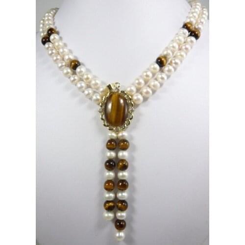 New arrive beautiful design jewelry white pearl + tiger eye jade necklace