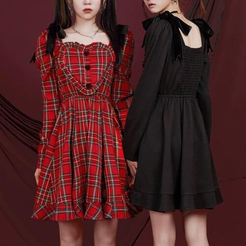 Original Design Spring Long Bubble Sleeve Dress Red Plaid Heart Shape Bow Tie Cute Sweet Girls Mini Dresses Solid Black
