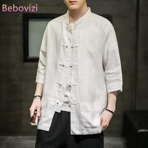 Summer Chinese Traditional Style Orient Tang Stand Collar Pan Gu Button Hanfu Men White Loose Cotton Linen Han Fu Tops Clothing