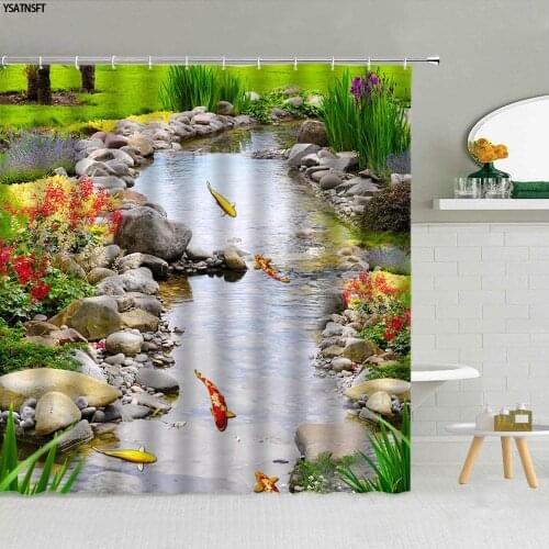 Modern Creek Fish Stone Shower Curtain Lawn Plant Flower River Landscape Fabric Bathroom Supplies Hanging Curtains Home Decor