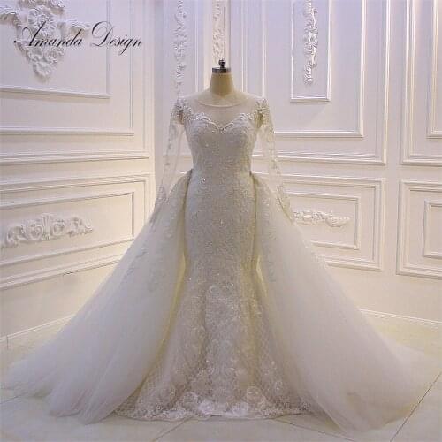 Amanda Design abendkleider Full Sleeve Lace Applique Pearls Mermaid Wedding Dress with Detachable Skirt 2019
