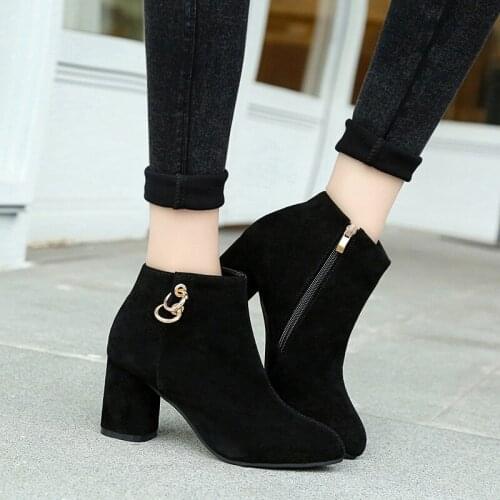 Women Ankle Chelsea Boots Female Metal Decoration Side Zipper High Square Heels Ladies Winter Warm Comfort Shoes Plus Size 35-43