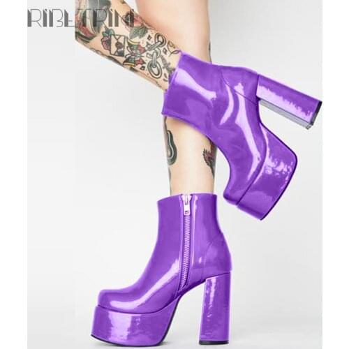 RIBETRINI Ladies Block Heel Zipper Candy Color Fashion Shoes Round Toe Platform Ankle Women Boots Punk Winter Boots