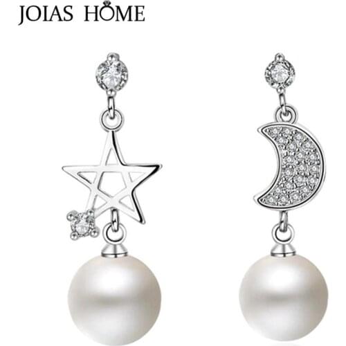 JoiasHome 925 Sterling Silver Earrings Korean White Star Moon Asymmetric Pearl Long Earrings Womens Party Gift Wholesale