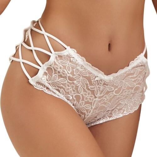 5XL Plus Size Womens Lace Panties Cross Bandage Sexy Thongs Transparent Lace Sexy Lingerie Female Underwear Hollow Underpants
