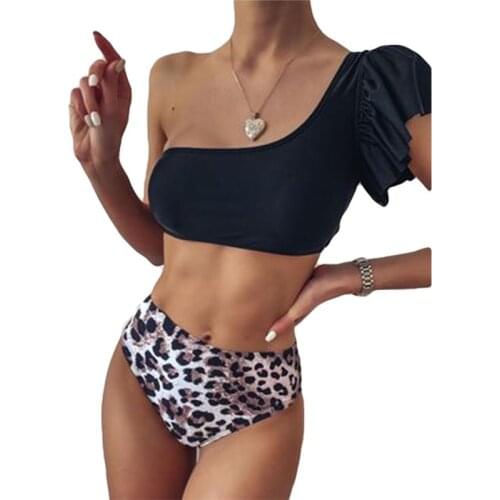 Leopard Lotus Leaf One shoulder Asymmetric Bikini Set Women Push Up Swimwear Female Bikini Biquíni Bathing Swimsuit Beachwear