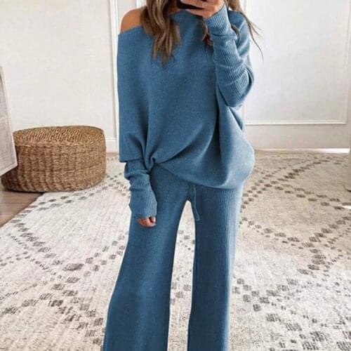 Womens Suit Homewear Autumn Solid Color Loose Tops with Wide Leg Pants Pajamas Suit Lady Casual Soft Pullover Nightwear
