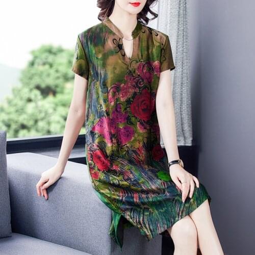 2021 Women Elegant 4XL Plus Size Loose Midi Dress Summer Floral Mulberry Silk Satin Dress Vintage Bodycon Print Party Vestidos