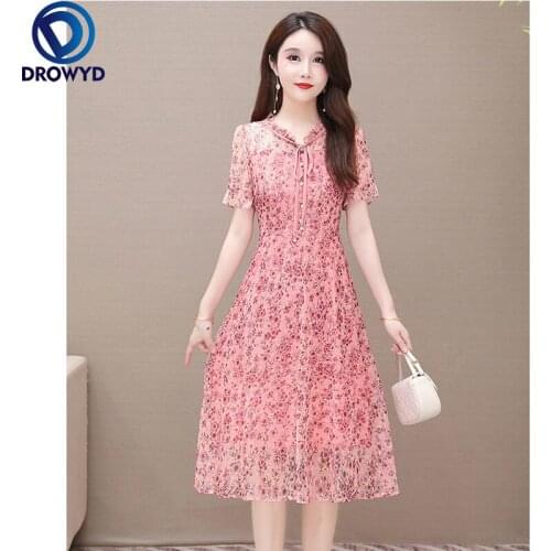 Summer Beach Pink Print Chiffon Dress for Women 2021 Fashion Short Sleeve V-neck Bodycon Dress Elegant Boho Party Dress Vestidos