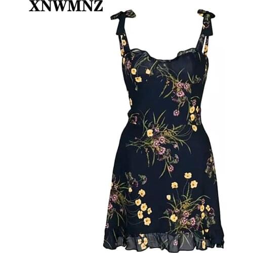 XNWMNZ 2021 Retro Adjust spaghetti strap women dress Chiffon vestid Chic Navy Floral Print Ruffles summer mini Dress Drop ship