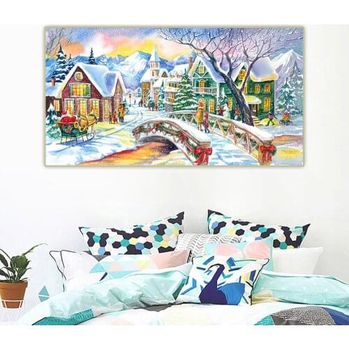 Citon Christmas night Snowy day Small town Snowman Xmas Canvas Oil Painting Artwork Picture Backdrop Wall Decor Home Decoration