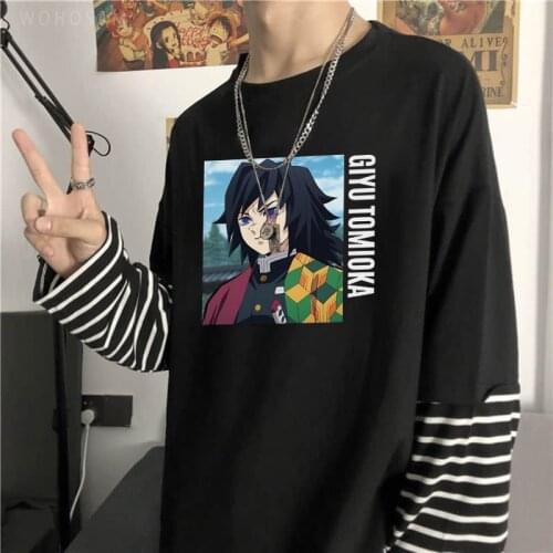 Anime GIYUU TOMIOKA Demon Slayer T Shirts 2021 Popular Cartoon Unisex Fashion Streets Summer Oversize Long Sleeve Striped TShirt