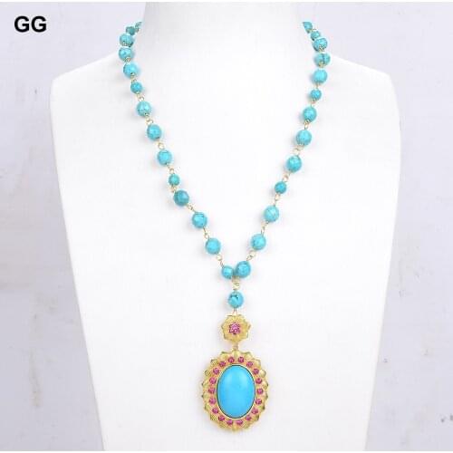 GuaiGuai Jewelry Blue Turquoise Rosary Chain Necklace Oval Turquoise Red Cz Pave Pendant 19