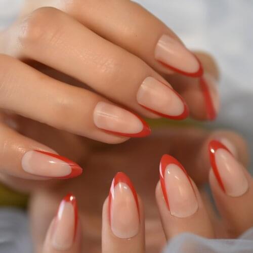 Nude Color Press On Artificial Nails Red Border French Professional Nail Tips Medium Stiletto Fake Nail