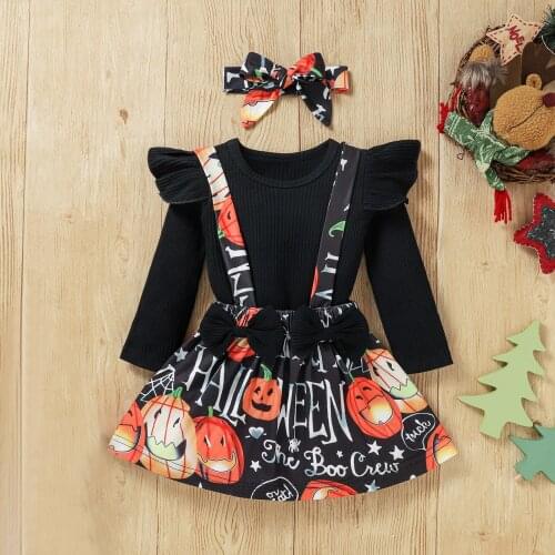 Halloween Kids Baby Girls Clothes Set Ruffled Tops Pumpkin Printed Suspender Skirts Toddler Autumn Full Sleves Outfits 0-4 Years