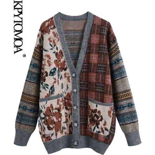 KPYTOMOA Women 2021 Fashion Loose Jacquard Knitted Cardigan Sweater Vintage Long Sleeve Pockets Female Outerwear Chic Tops