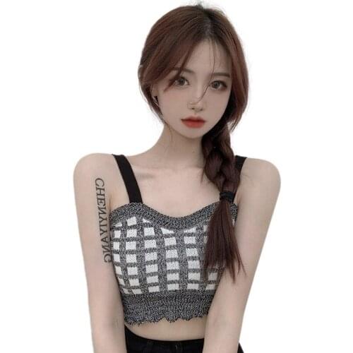 Summer Women Plaid Preppy Style Sweet Slim Exposed Navel Knitted Camisole Tops Plaid printed Knitted T-Shirt