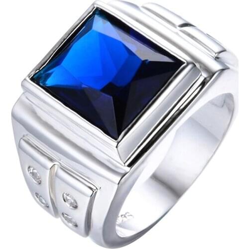 Male Big Square Blue Zircon Wedding Rings For Men Vintage Fashion Engagement Promise Jewelry White CZ Stone Ring Luxury Crystal