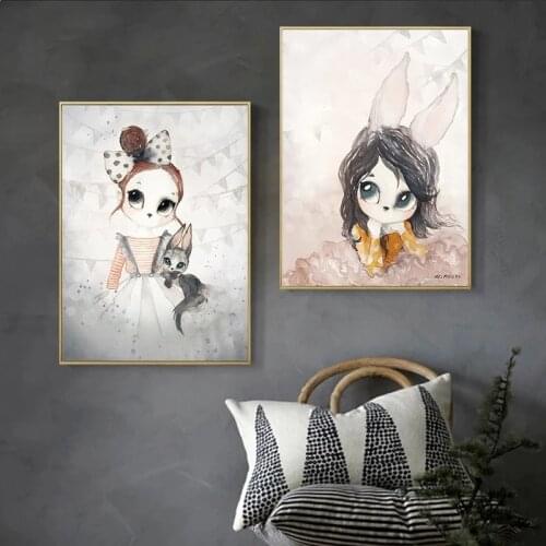 Nordic Canvas Painting Wall Art Rabbit Girl Animal Abstract Watercolor Print Kid Bedroom Living Room Poster Picture Home Decor