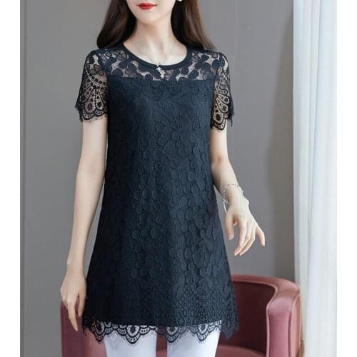 New Arrival 2021 Summer Tops Large Size Hollow Lace Shirt Medium And Long Womens Blouse Black Clothing 3XL 4XL 5XL 6XL zh1053