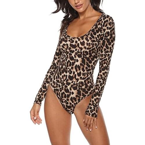 New Fashion Long Sleeve Bodycon Jumpsuit Stretchy Romper Leopard women bodysuit Tops