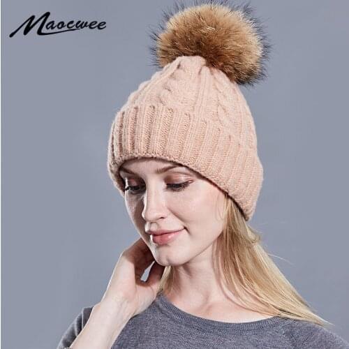 Beanies Knitting Skullies Caps Women Wool Fur Pompom Beanie Hat Autumn Winter Warm Wool For Girls Solid Black Raccoon Outdoor