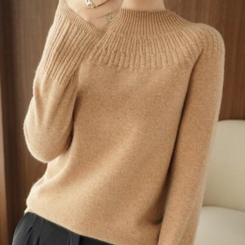 Autumn and winter half high neck cashmere sweater ladies knitted pure color pullover long sleeve 100% pure wool sweater high-end