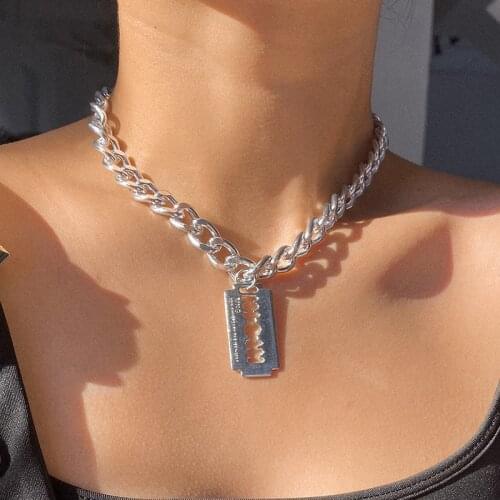 Trending Punk Thick Chain Razor Blade Pendant Choker Necklace Women Creative Geometric Collar Chocker Clavicle Necklace Jewelry