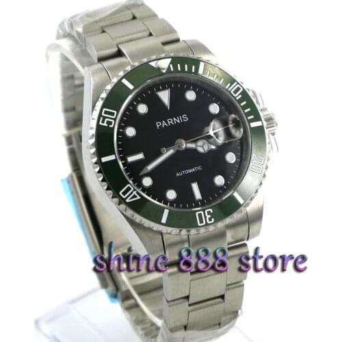 Parnis 40mm black dial Green Ceramic Bezel sapphire glass MIYOTA automatic mens watch