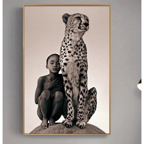 Child With Cheetah Canvas Paintings Wall Art Posters And Prints Nature Animals Wall Canvas Pictures For Living Room Cuadros