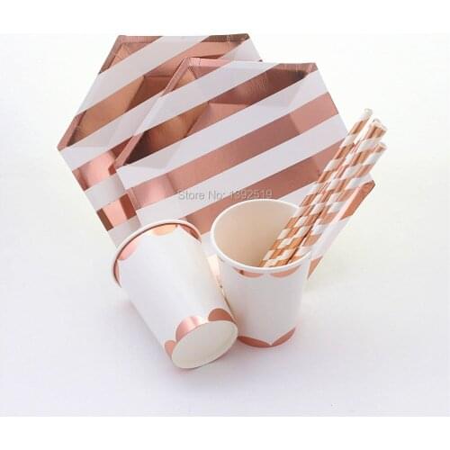 Rose Gold Striped Paper Plates Cups Straws Party Tableware For Birthday Wedding Bridal Shower Bachelorette Party First Birthday