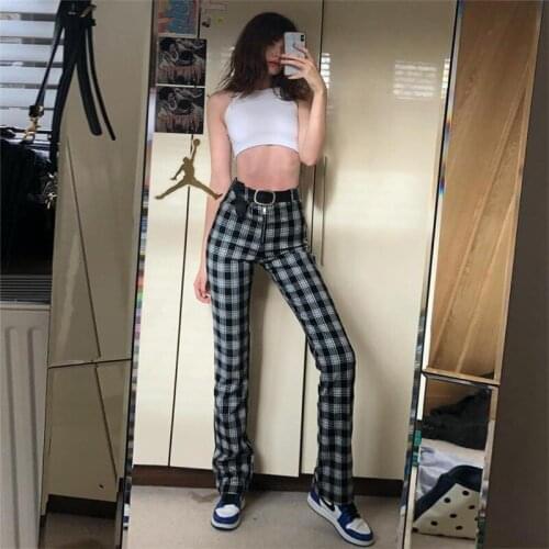 2020 Ins Hot New Women Retro High Waist Straight Trousers Women Black and White Plaid Casual Pants
