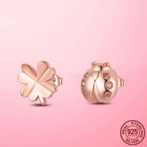 Hot Sale 925 Sterling Silver Clover and Ladybird Stud Earrings for Women Fashion Sterling Silver Earring Jewelry brincos s925