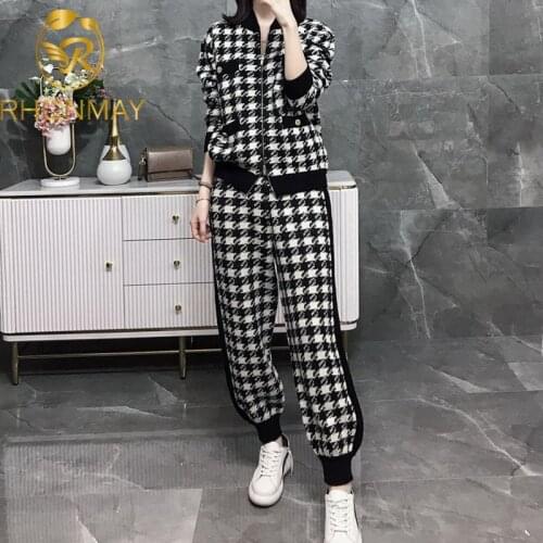 Women Fall Knit Sweatshirts Suit Knitted Tracksuit Houndstooth Black 2 Piece Set Zipper Plaid Cardigan Coats Pants Two Piece Set