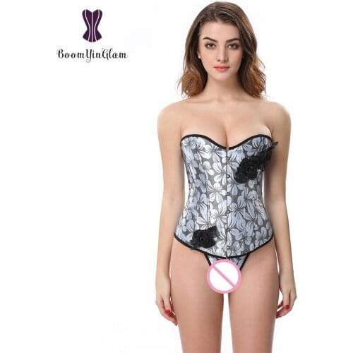 High quality metal busk clips floral corselet women bustier body shaperwear sexy lingerie corset with g string 825