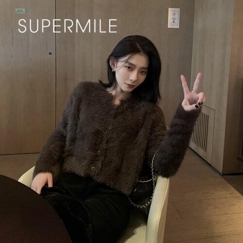 2021 Brown Mink Fur Cardigan Jacket for Women Solid Short Knitted Cashmere Sweater Furry Rabbit Fur Coat Lady Elegant Tops New