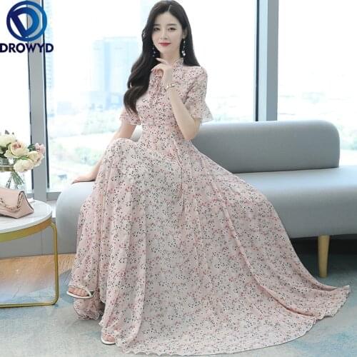 2021 New Summer Beach Maxi Dress for Women Fashion Casual V-Neck Short Sleeve Female Elegant Print Chiffon Party Dress Vestidos