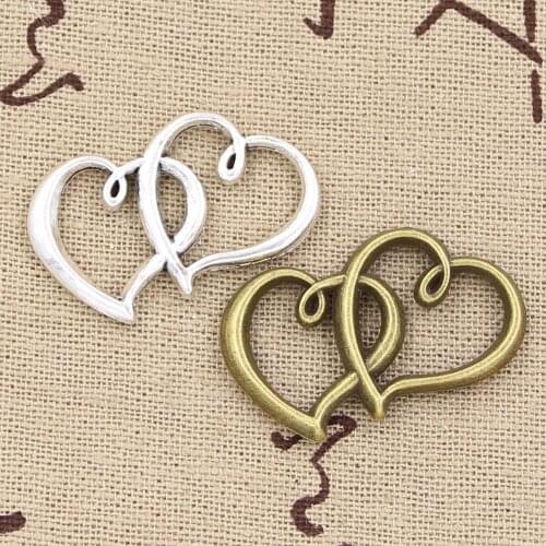 6pcs Charms Double Heart 32x24mm Hollow Antique charms,pendant fit,Vintage Tibetan Bronze Silver color,DIY Handmade Jewelry