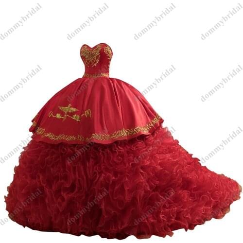 2022 Vestido de 15 16 Anos XV Ball Gown Quinceanera Party Dresses Sweetheart Gold Patterned Ruffle Puffy Skirt Charro Prom Dress