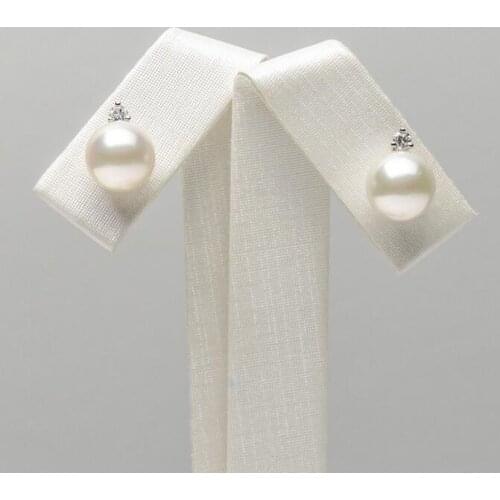 Free Shipping AAA 8.5-9mm White Genuine South Sea Pearl Diamond Stud Earrings 18k White Gold